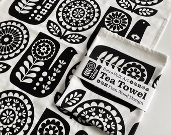 Retro Folk Art TEA TOWEL, Monochrome Black and White, Bird and Flower Cotton Dishtowel
