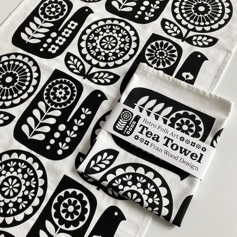 Retro Folk Art TEA TOWEL, Monochrome Black and White, Bird and Flower Cotton Dishtowel image 1