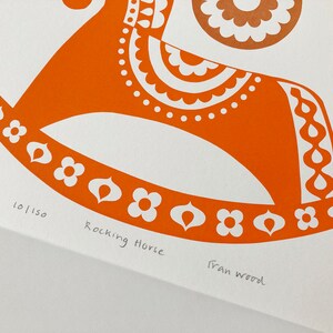SALE Orange Rocking Horse Print, Signed, Limited Edition Screen-Print, Original Art, Size A4, Scandinavian Folk Art Inspired image 2