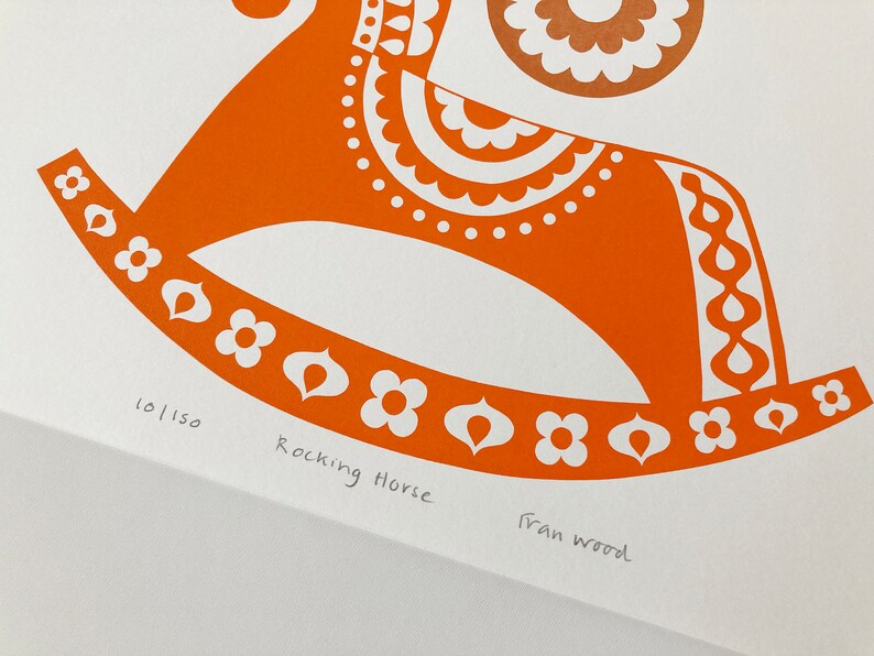 SALE Orange Rocking Horse Print, Signed, Limited Edition Screen-Print, Original Art, Size A4, Scandinavian Folk Art Inspired image 2