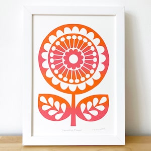 Retro 70s Mid Century Inspired Flower Print, An Original Signed, Hand-Pulled Screen-Print, Size A4, Pink Orange Gradient Colour