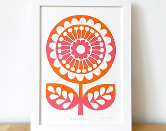 Retro 70s Mid Century Inspired Flower Print, An Original Signed, Hand-Pulled Screen-Print, Size A4, Pink Orange Gradient Colour