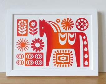 Dala Horse Print, Size A4, Signed, Open Edition, Hand-Pulled Screen-Print, Retro Scandinavian Red and Orange Horse Art