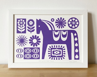SECONDS Purple Dala Horse Print, Handprinted, Signed, Screen-Print, Size A4, Open Edition, Scandi 1970s Inspired