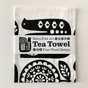 Retro Folk Art TEA TOWEL, Monochrome Black and White, Bird and Flower Cotton Dishtowel image 3