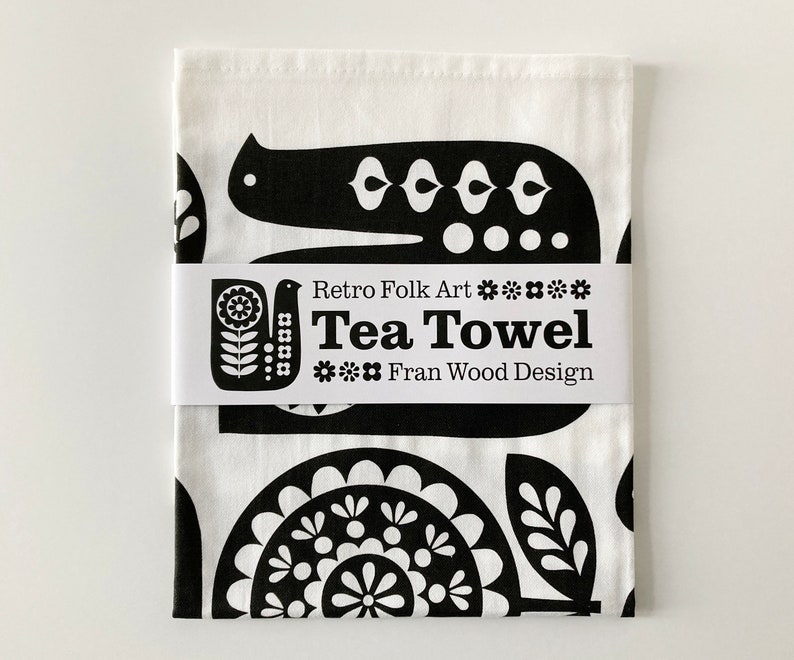 Retro Folk Art TEA TOWEL, Monochrome Black and White, Bird and Flower Cotton Dishtowel image 3