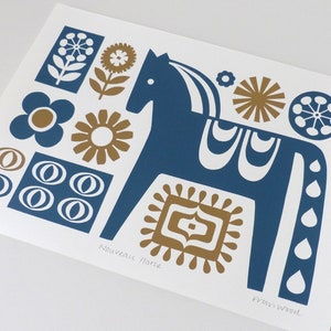 Dala Horse Print, Size A4, Signed, Open Edition, Hand-pulled Screen Print, Retro Scandinavian Horse Art image 2