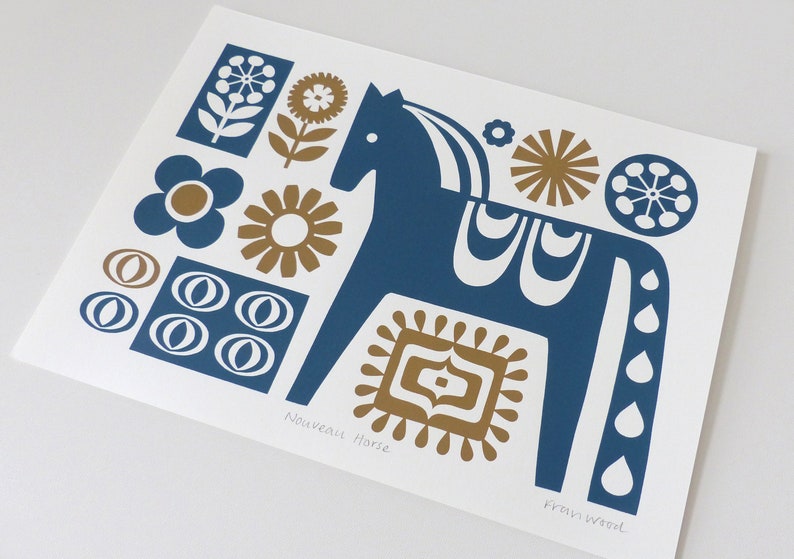 Dala Horse Print, Size A4, Signed, Open Edition, Hand-pulled Screen Print, Retro Scandinavian Horse Art image 2