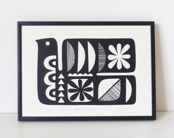 Monochrome Bird Art, Size A4, Signed, Open Edition, Hand-Pulled Screen Print, Inspired by African Patterns and Mid Century Design