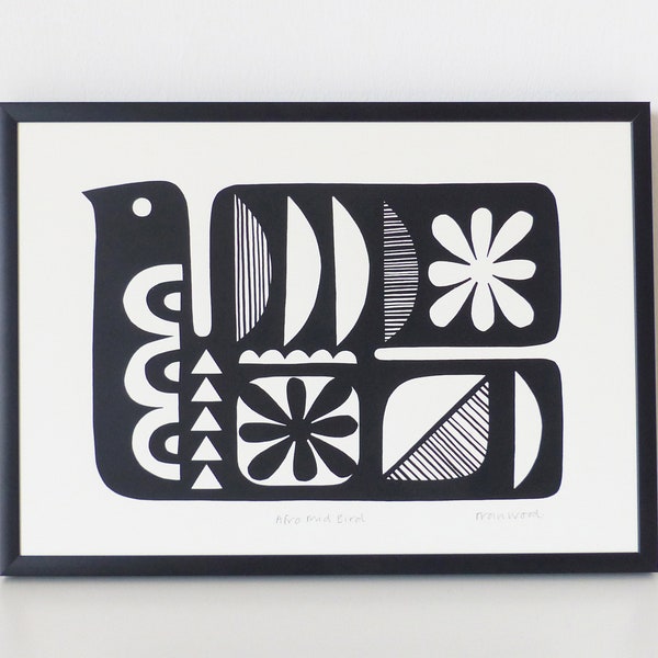 Monochrome Bird Art, Size A4, Signed, Open Edition, Hand-Pulled Screen Print, Inspired by African Patterns and Mid Century Design