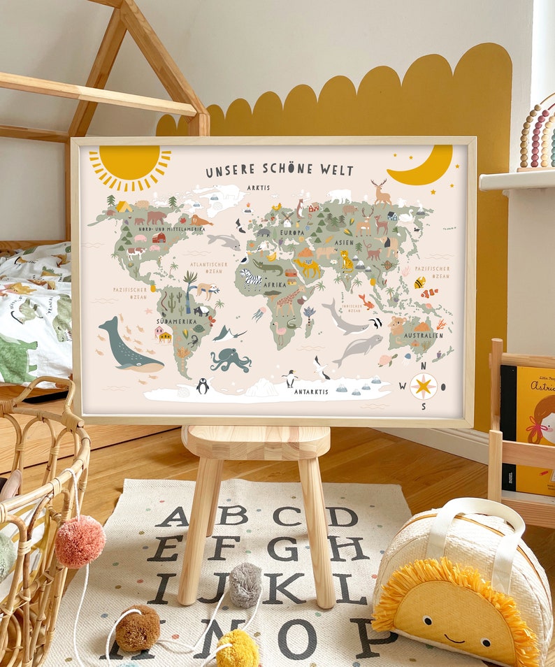 Kunstdruck / Bild WeltkarteKinderzimmer grün/natur/salbei Welt Kinder Landkarte map worldmap Bild 1