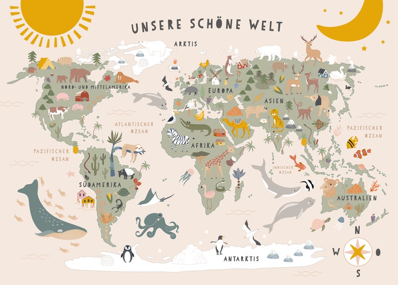Kunstdruck / Bild WeltkarteKinderzimmer grün/natur/salbei Welt Kinder Landkarte map worldmap Bild 2