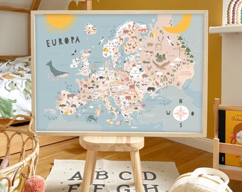 Kunstdruck / Bild "Europakarte" Europa Kinderzimmer