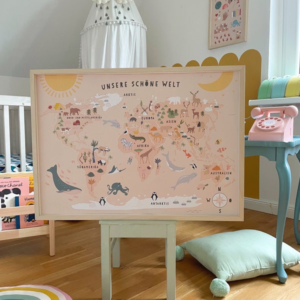 Kunstdruck / Bild "Weltkarte"Kinderzimmer rosé/natur Landkarte Map Tiere Welt