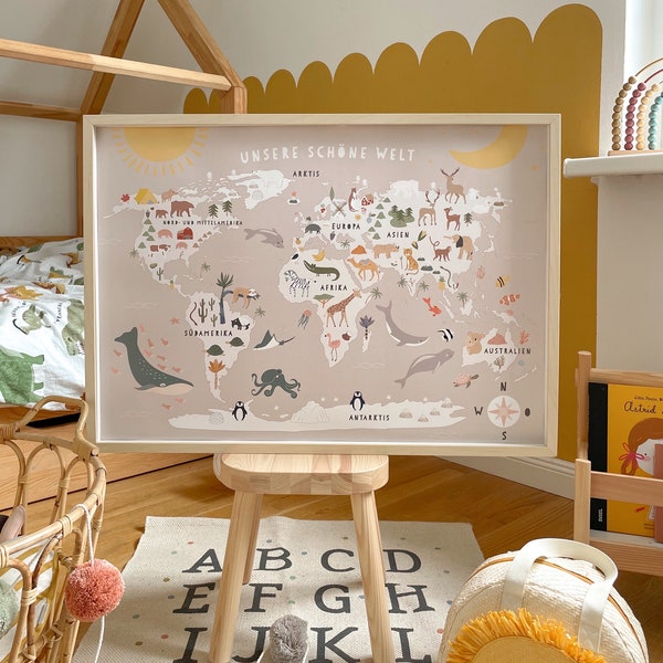 Kunstdruck / Bild "Weltkarte"Kinderzimmer warmgrau Welt Kinder Landkarte map worldmap