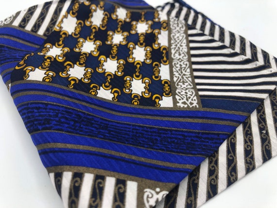 Vintage Italian silk pocket square in blue, gold,… - image 3