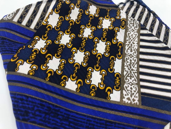 Vintage Italian silk pocket square in blue, gold,… - image 2
