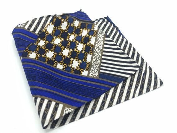 Vintage Italian silk pocket square in blue, gold,… - image 7