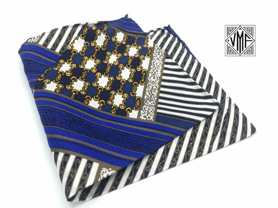 Vintage Italian silk pocket square in blue, gold,… - image 1