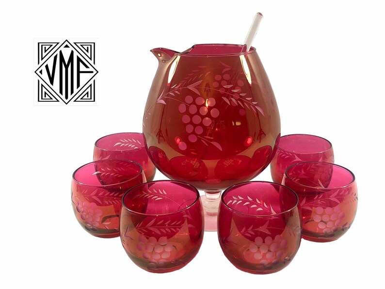 Mid century modern cocktail set cranberry red glass etched martini pitcher 6 roly poly glasses glass stir stick MCM barware 1950s 1960s