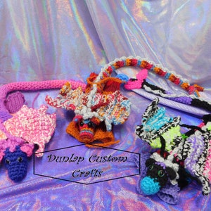 Crochet wearable Dragon plushie pets! Stuffed colorful dragon buddies! Wrist Dragons wire free!