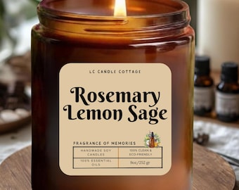 Rosemary Lemon Sage Essential Oil Candle: Aromatherapy Stress Relief, Energy Boost (9oz)