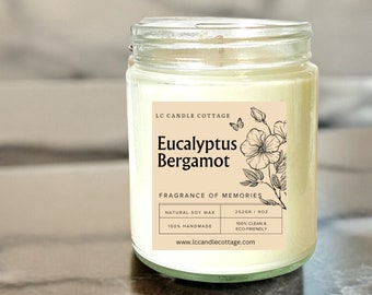 Eucalyptus & Bergamot-  Soy Candle- Pure Candles-Vegan- Essential Oil Candles- Gift Ideas-Natural Home Candles- Gifts for all Occasion