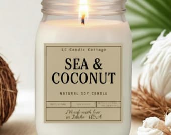 Soy Wax Candle - Sea & Coconut | Charming Mason Jar Decor / Gift Ideas