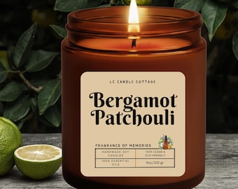 Handmade Bergamot Patchouli Soy Candle – 100% Essential Oils, Vegan Citrus Aromatherapy