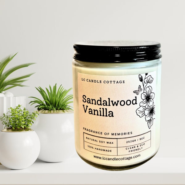 Sandalwood Vanilla - Candle- Vegan Living - Pure Candles  -Gifts for Men - White Candles -Eco- Friendly - Essential Oil Candles