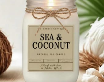 Soy Wax Candle - Sea & Coconut | Charming Mason Jar Decor / Gift Ideas