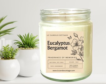 Eucalyptus & Bergamot-  Soy Candle- Pure Candles-Vegan- Essential Oil Candles- Gift Ideas-Natural Home Candles- Gifts for all Occasion