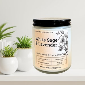 White Sage & Lavender - Soy Candle- Pure Candles - Essential Oil Candle- Soothing Aromatherapy- Housewarming Gift- Candle Gift- Candle Decor