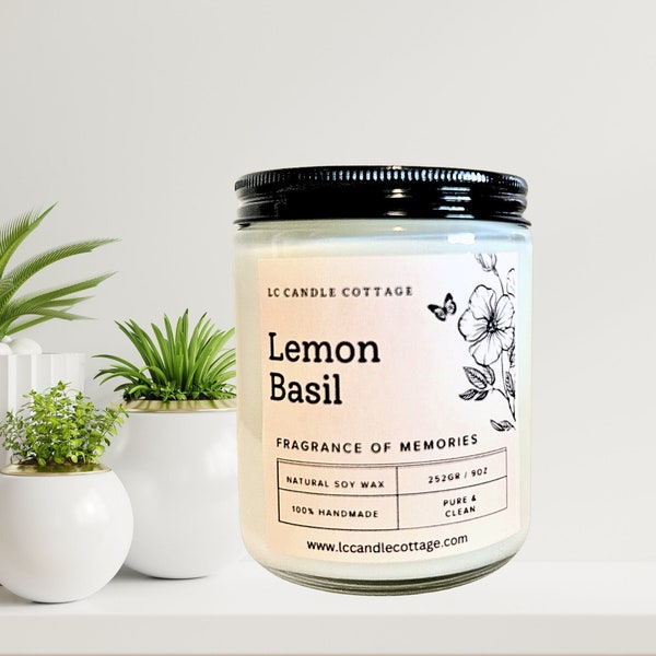 NEW- Lemon Basil- Scented Candle- Natural Soy Candle- Essential Oil Candles- Vegan- Gift Idea- Gifts for Her- Gifts for Men- Soothing Candle