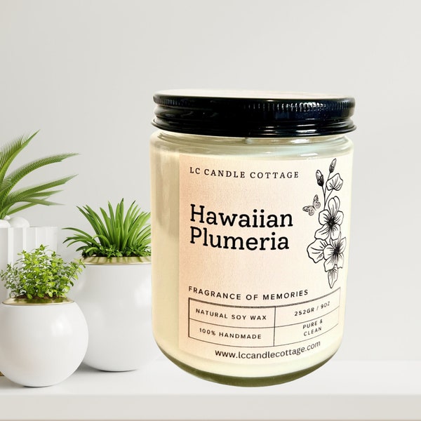 Hawaiian Plumeria - Soy Candle-Vegan Candle- Tropical Candle- Gift Ideas, Gift for Her, Housewarming Gift- Clean Candle- Birthday gift