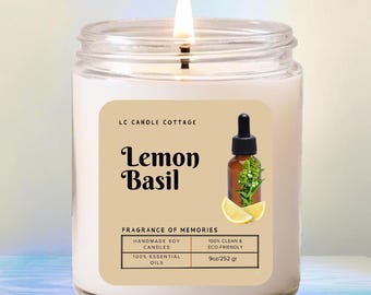 Vela de soja com aroma de limão e manjericão - Aromaterapia natural, vegana, ecológica, feita à mão, perfumada.