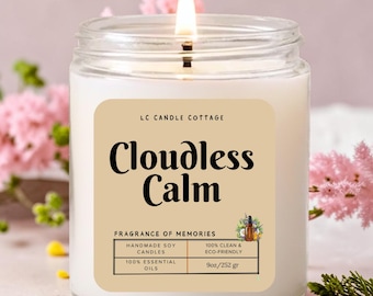 Cloudless Calm Scented Soy Candle - Handmade Aromatherapy Relaxing Essential Oil Vegan Housewarming Gift