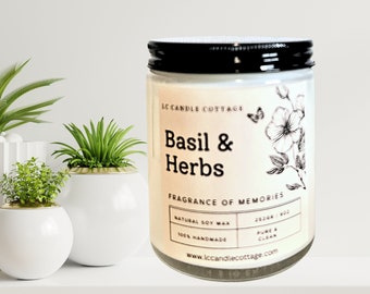 Basil & Herb-  Soy Candle-Scented Candle- Kitchen Candle- Vegan Living- White Candles- Essential Oil Candle- Gift Ideas- Housewarming Gift