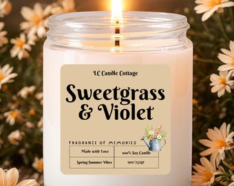 Sweetgrass Violet Soy Candle with Essential Oils - Natural Floral Scented 16oz/9oz Eco-Friendly Gift