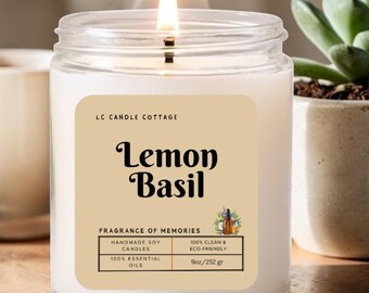 Lemon Basil Soy Candle - Natural Aromatherapy Vegan Eco-Friendly Handmade Scented Gift