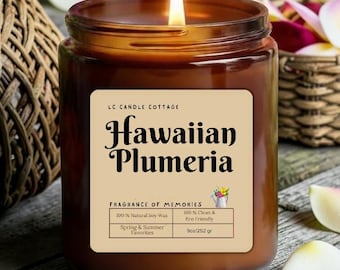 Hawaiian Plumeria Soy Candle Tropical Jasmine Gardenia Fragrance Vegan Eco-Friendly Home Decor Relaxation Gift