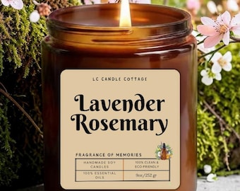 Hand Poured Lavender Rosemary Soy Candle: Natural Essential Oil Home Fragrance