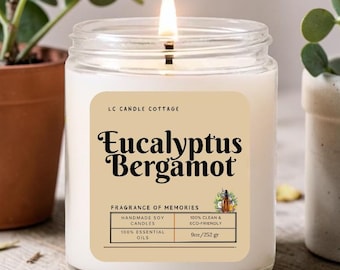 Handmade Vegan Eucalyptus Bergamot Soy Candle - Scented Aromatherapy Gift