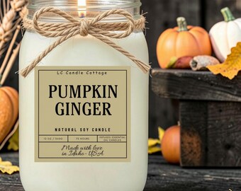 Fall Decor Soy Candle - Pumpkin Ginger Scented Farmhouse Style with Essential Oils
