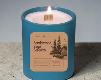 Vela Serenidad de Sándalo y Salvia: 283 g (10 oz), mecha de madera crepitante, cera de soja, aceites esenciales.