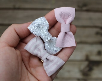 Dainty Headband, Hair Clip Set, 2 Sizes,  Baby Bows, Small Hair Bows, Glitter Hair Bow, Leather Bow, Fabric Bows, Shower Gift