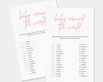 Baby Around The World Game, Baby Shower Games, Blush Pink Modern Minimalist Baby Shower, Baby in Different Languages, Instant Download, SP02