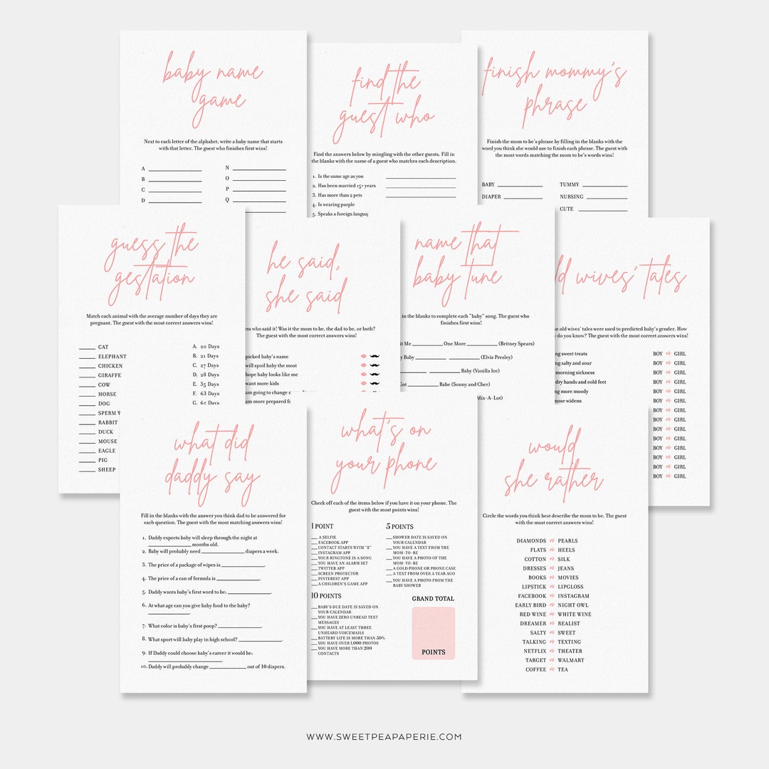 Baby Shower Games Package, Set of 10 Printable Baby Shower Games, Blush