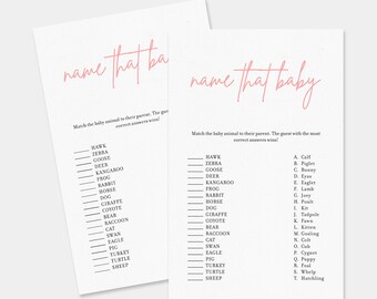 Name That Baby Animal Game, Baby Shower Games, Blush Pink Modern Minimalist Baby Shower, Baby Animal Matching Game, Instant Download, SP02