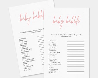 Baby Babble Game, Baby Shower Games, Blush Pink Modern Minimalist Baby Shower, Baby Shower Word Scramble Game, Instant Download, SP02